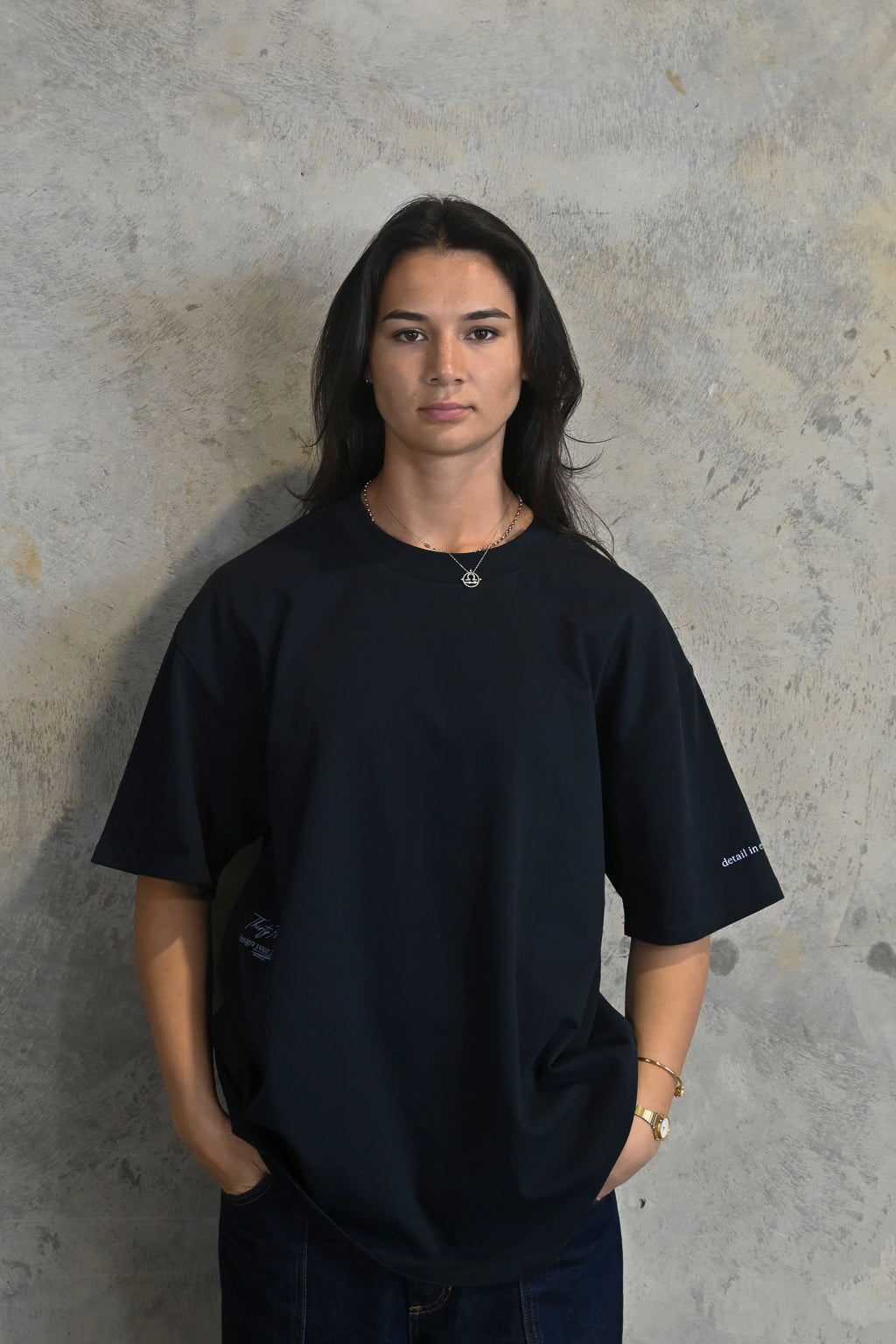 Model wearing Midnight Oversized Heavy Tee by Thirty Four Thirty Four in dark navy cotton